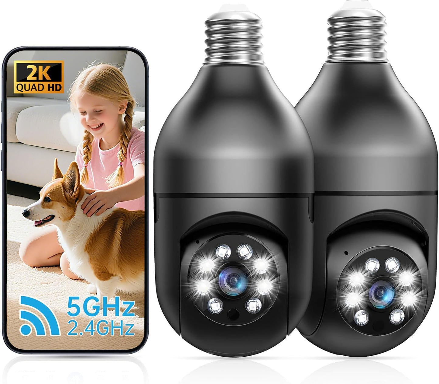 2K Light Bulb Security Camera Outdoor 2 Pack - 5G& 2.4GHz Wireless Motion Detection Cameras for Home Security,Two Way Talk,Full Color Night Vision