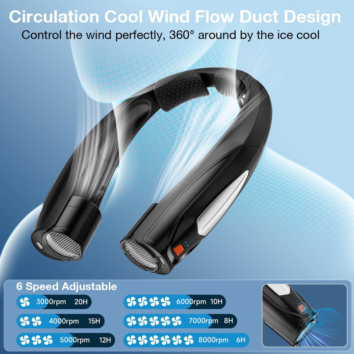 Hionly AI Neck Fan, 6 Speeds Adjustable Portable Personal Fan Rechargeable, Faster Cooling Wearable Fan, Ultra Quiet for Home, Office, Travel, Outdoor