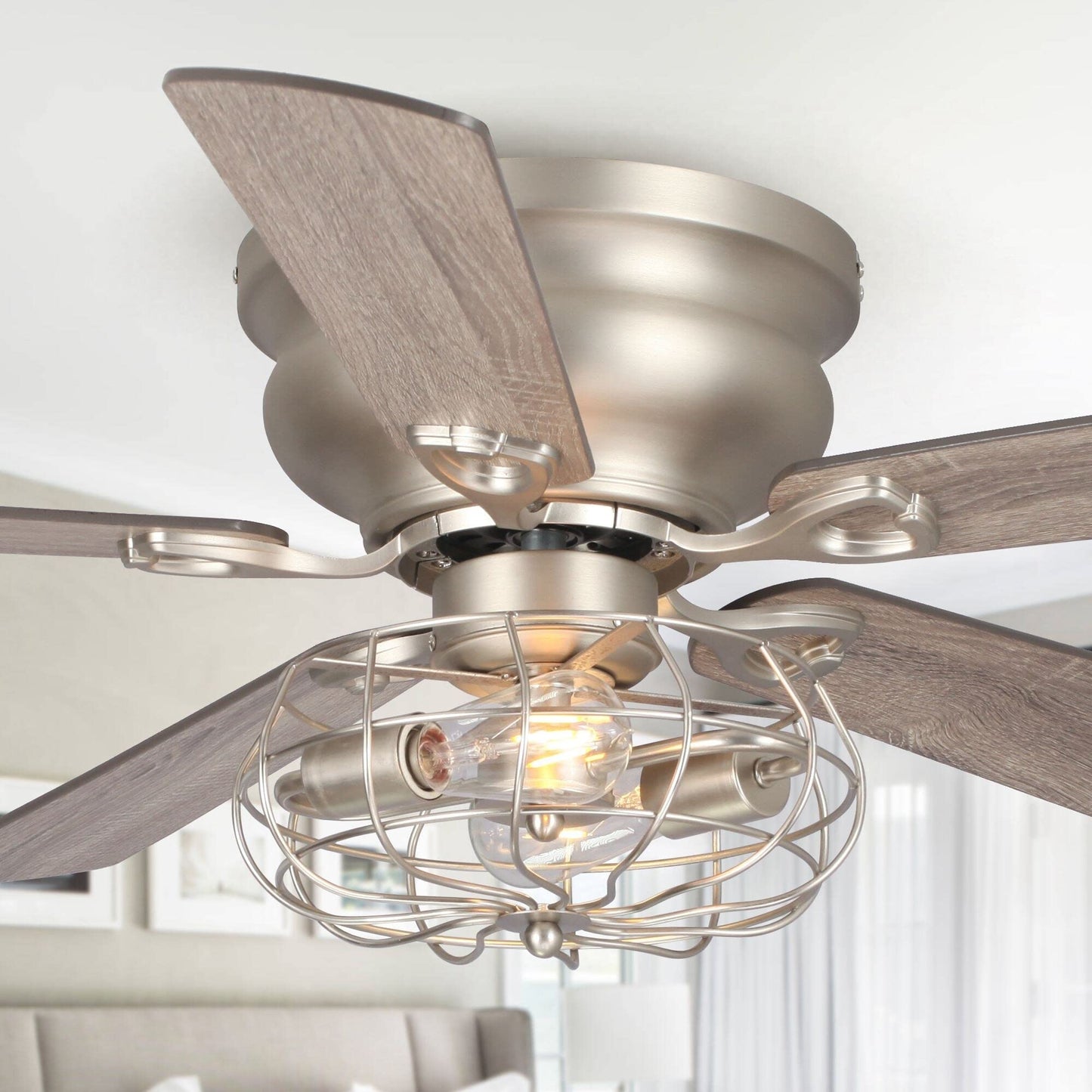 Unknown1 48" Wooden 5-Blade Low Profile Ceiling Fan with Remote Silver Industrial Mid-Century Modern Traditional Metal Wood Nickel Blades Included