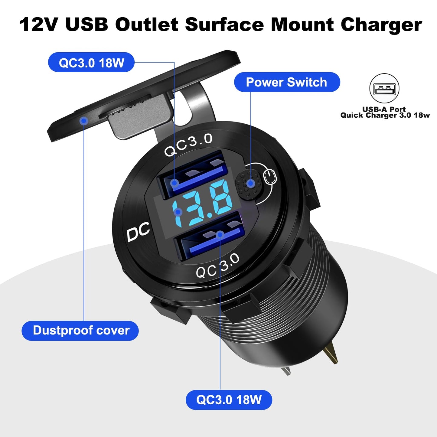 DAESENN 12V Flush Mount Car Charger, Aluminum Metal Body with LED Voltmeter and Switch, Dual QC3.0 USB Port for Marine, RV, Motorcycle & Panel