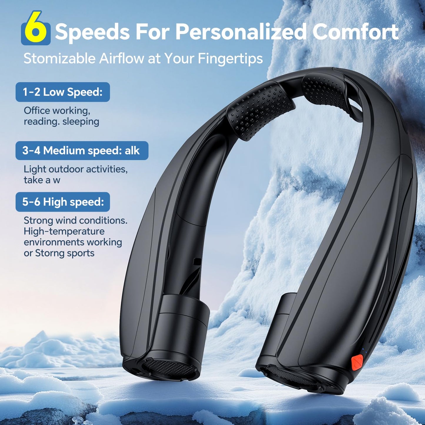 Wusrop Portable Neck Fan, 6000mAh Rechargeable Personal Fan, 6 Speeds Hands Free Wearable Fan with 360° Surround Airflow, Ideal for Travel, Office