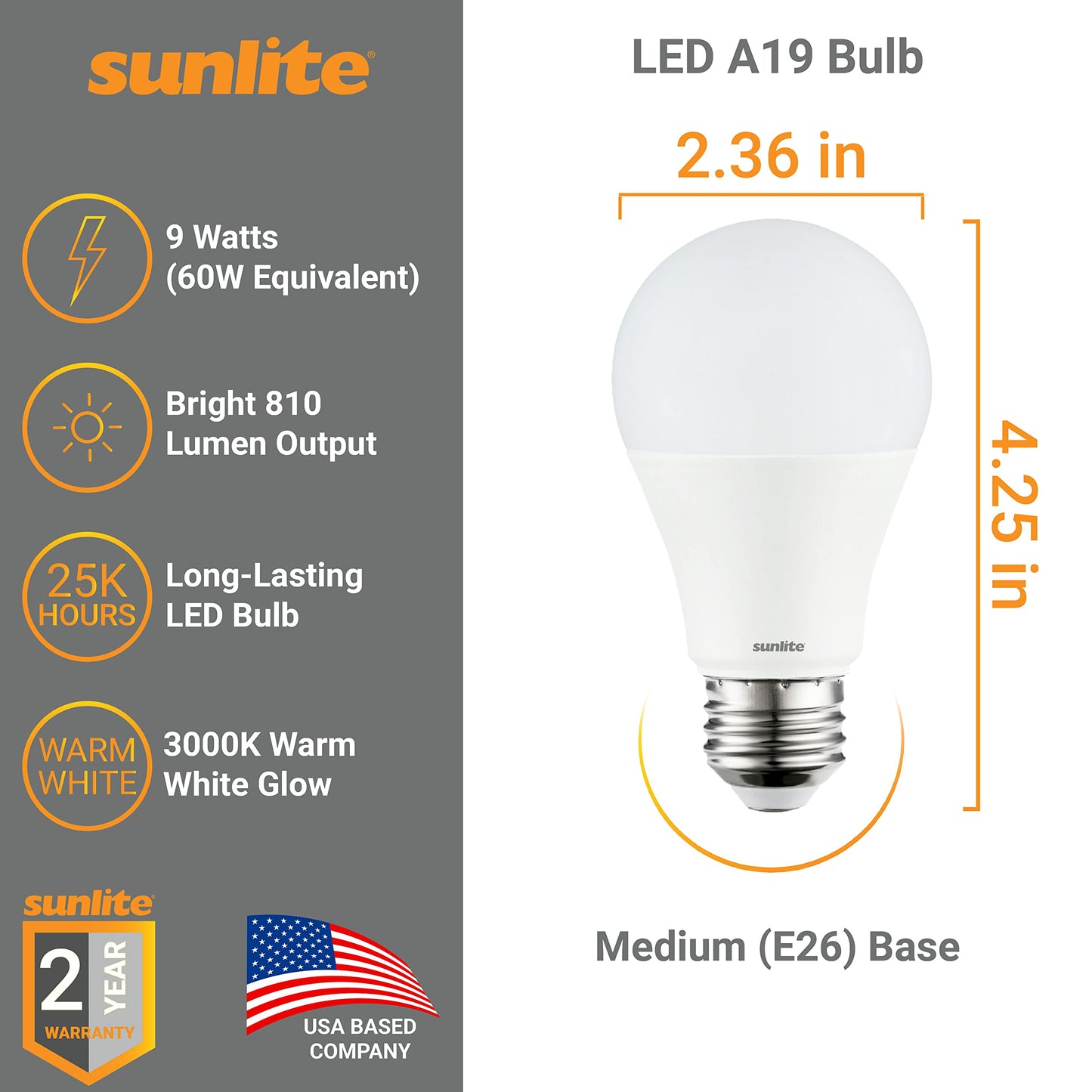 Sunlite 41833 LED A19 Light Bulb, 9 Watts (60W Equivalent), 810 Lumens, Medium E26 Base, 100-240 Multi-Volt, Non-Dimmable, Frost, 3000K Warm White, 6
