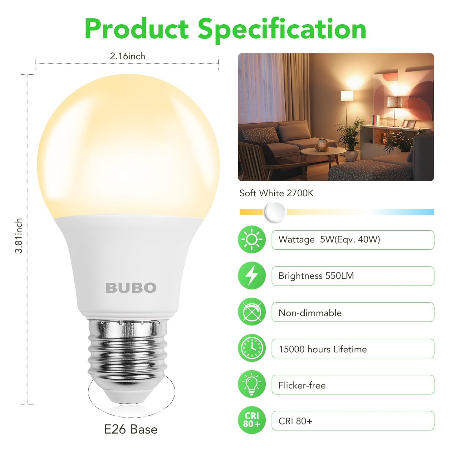 BUBO A19 LED Light Bulbs, 40 Watt Equivalent LED Bulbs, Soft White 2700K, 550 Lumens, E26 Standard Base, Non-Dimmable, 5W Soft White LED Bulbs