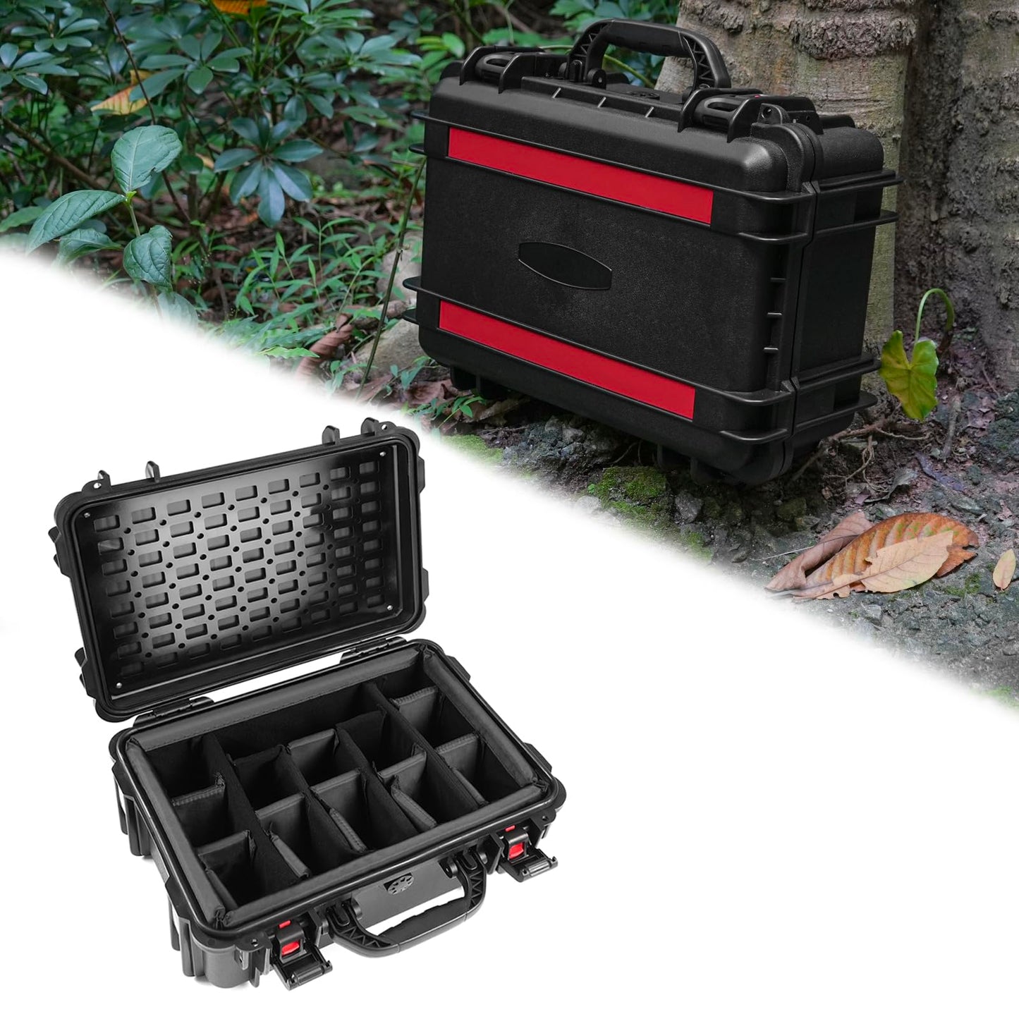 OUIMTOUI Waterproof Hard Case with Padded Dividers and Detachable Tactical Molle Panel Customizable Foam for Cameras, Lenses, Dual DJI Mavic/Air/Mini