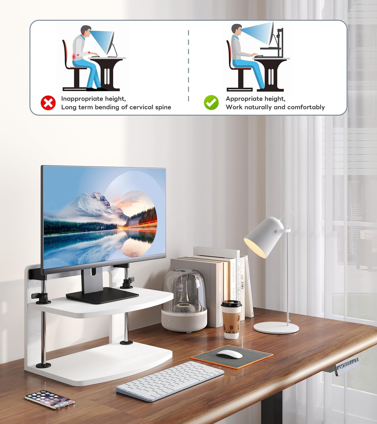 WikrOck Computer Monitor Stand Riser for Reduced Neck Strain, Adjustable Height Desk Shelf Organizer Monitor Riser Stand for PC Monitor - Not