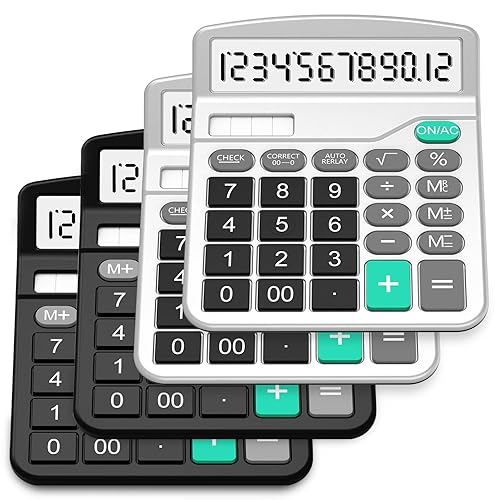 Splaks 4 Pack Standard Functional Desktop Calculator - Solar and AA Battery Dual Power Electronic Calculator with 12-Digit Large Display (2 Basic