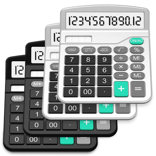 Splaks 4 Pack Standard Functional Desktop Calculator - Solar and AA Battery Dual Power Electronic Calculator with 12-Digit Large Display (2 Basic