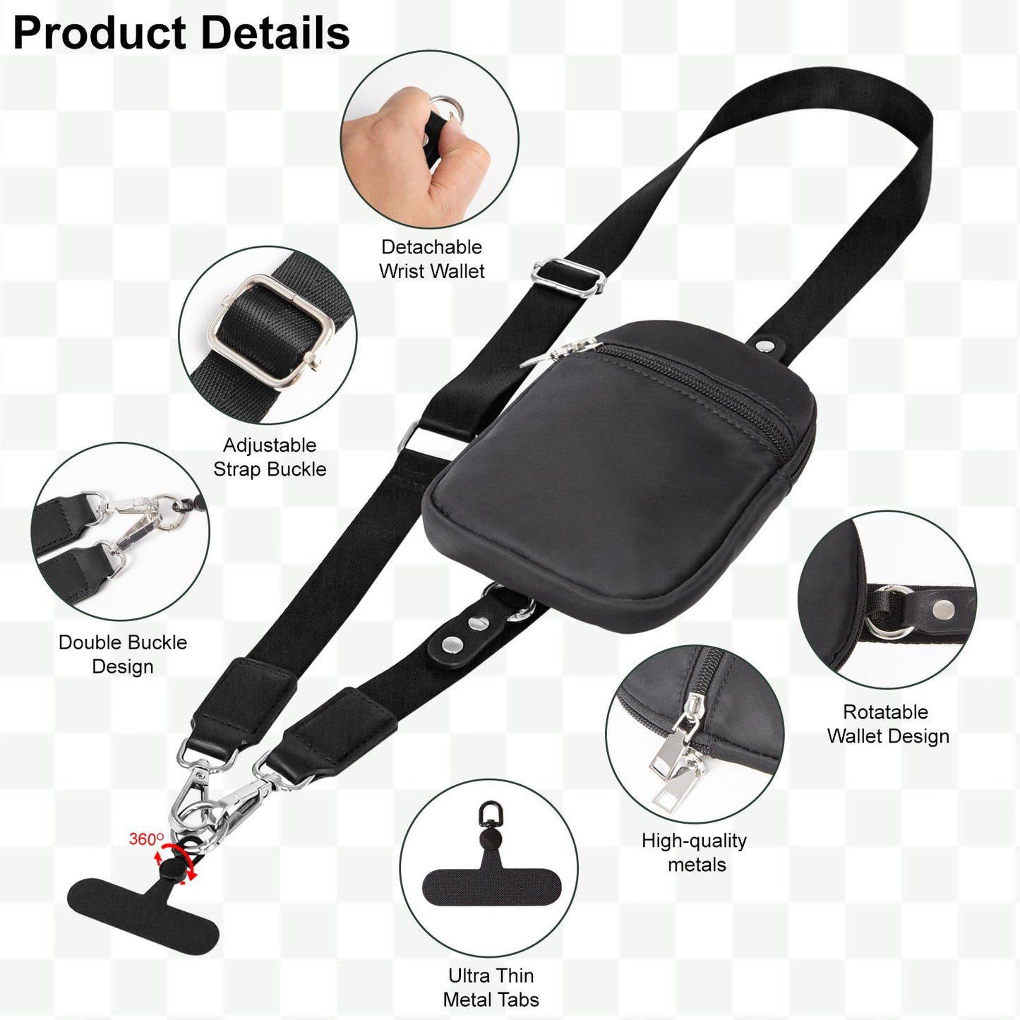 Ecehyon Clip and Go Phone Strap with Wallet, Adjustable Crossbody Phone Lanyard with Detachable RFID Wristlet Wallet, 360 Rotatable Phone Tabs for All