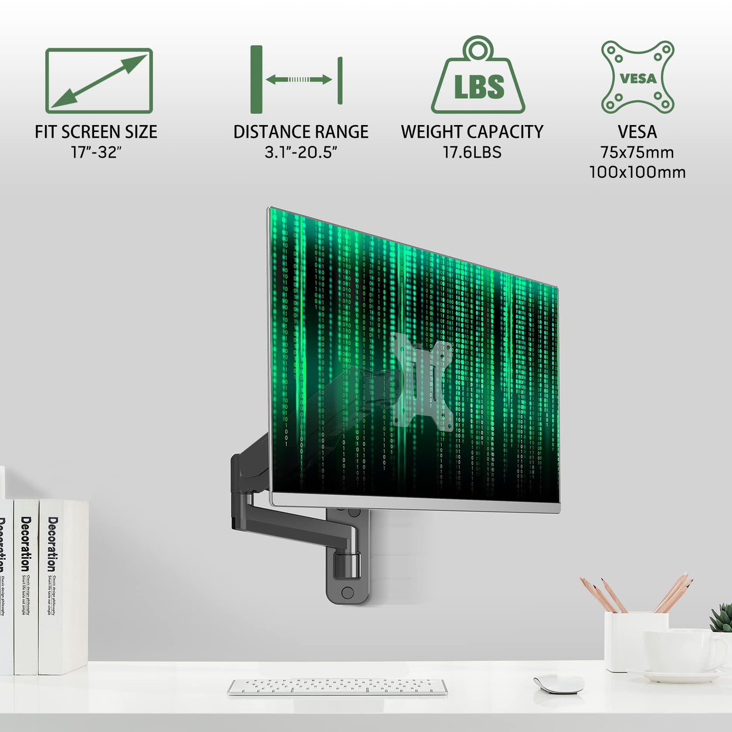 UPGRAVITY Monitor Wall Mount for 17-32 inch Flat/Curved Screen, Computer Monitor Wall Mount Arm Holds up to 17.6lbs, Tilt, VESA 75x75/100x100 mm