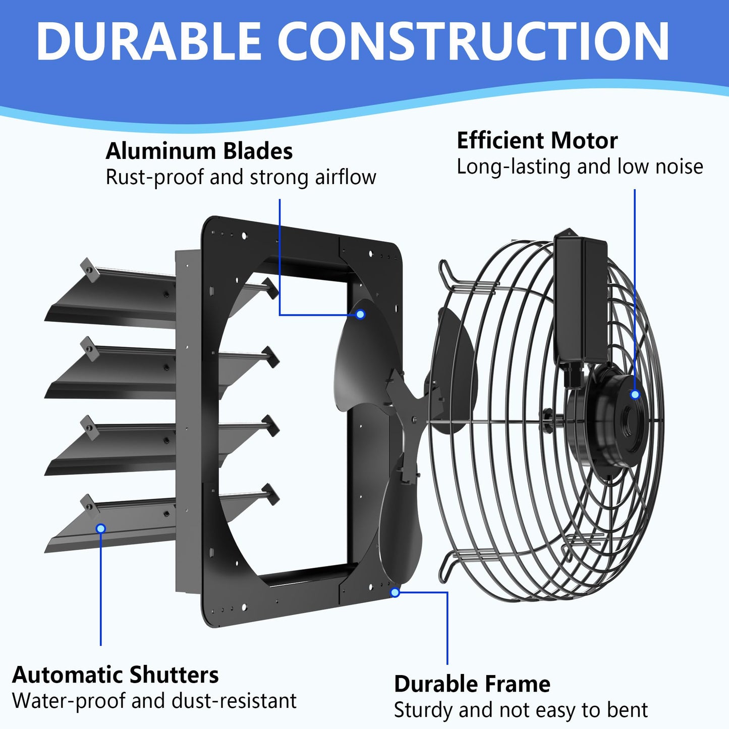 HYITO 16 Inch Shutter Exhaust Fan, Aluminum Wall Mounted Exhaust Fan with Power Cord,2060 CFM High Speed Automatic Louvered Vent Fan for Greenhouse