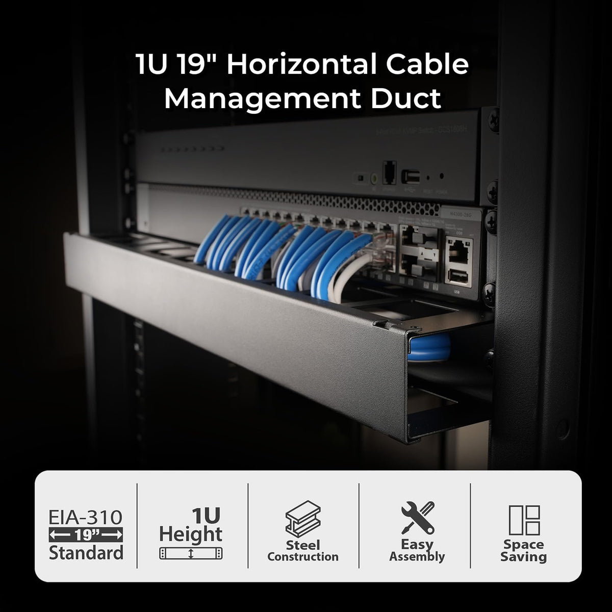 IOGEAR 1U 19" Horizontal Cable Management Duct - Finger Duct with Removable Cover, Metal Construction (GROHD1U)