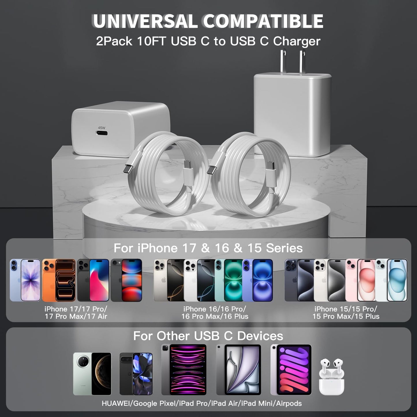 [Apple MFi Certified] iPhone 17 16 15 Pro Max Charger Fast Charging, 2 Pack Apple 45W USB C Super Fast Charger Block with 10FT Extra Long Type C