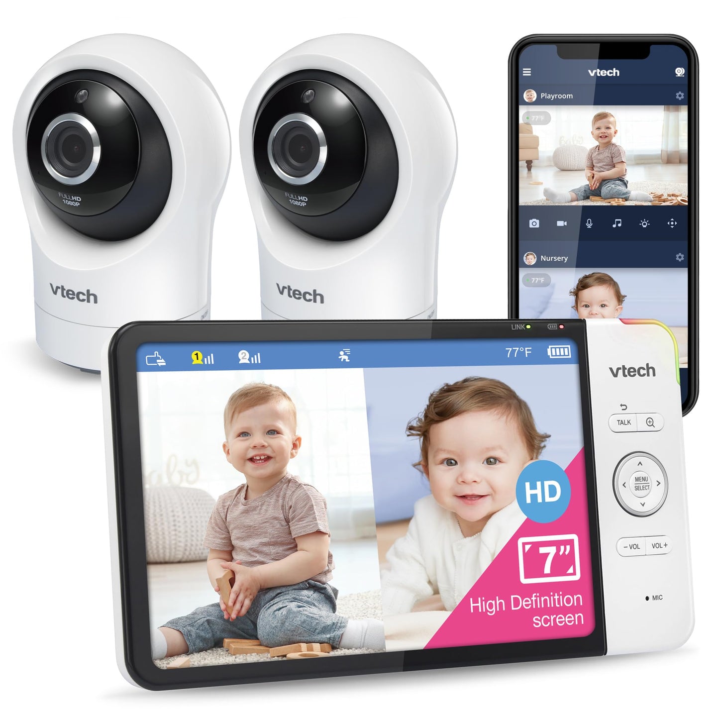 VTech RM7764-2HD Smart WiFi Baby Monitor with 2 Cameras, 1080p HD Video, 360° Pan & Tilt, 10x Zoom, 7" HD Parent Unit, Night Vision, Soothing Sounds