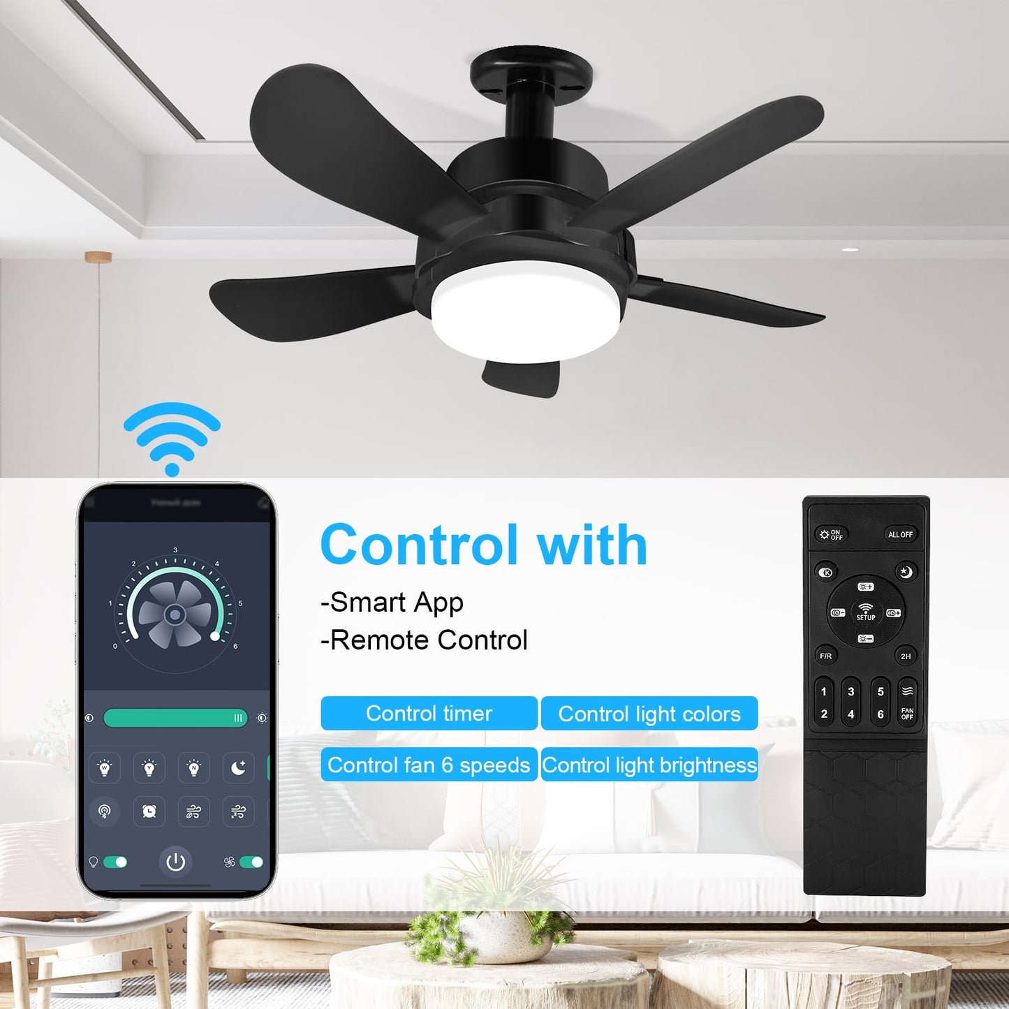 Socket Fan Light With Remote, Screw Ceiling Fans with Lights, 5 Reversible Blades, Quiet 6-Speed DC Motor, Dimmable Socket Fan for Garage Bathroom