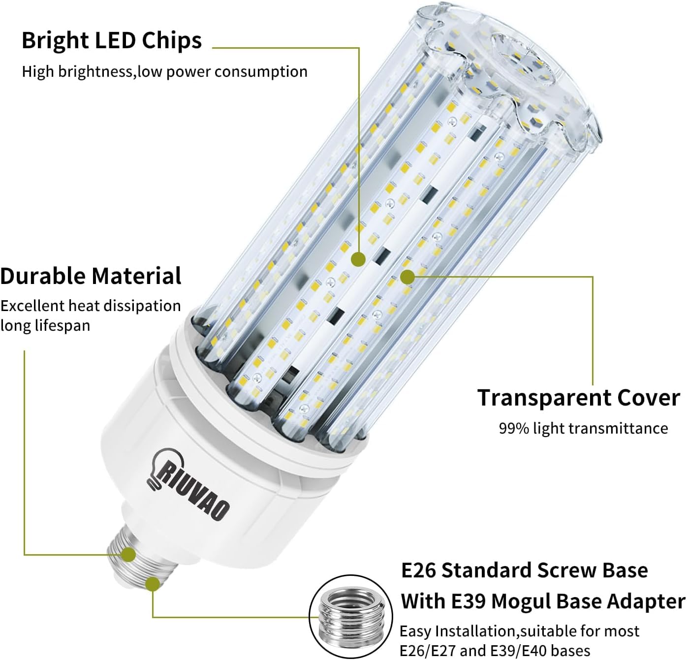 RIUVAO 2 Pack 100W LED Corn Bulb, E26 /E39 Base Led Corn Light Bulb, Super Bright 15000lm 5000k Led Bulb, 1000W Equivalent CFL Metal Halogen HID