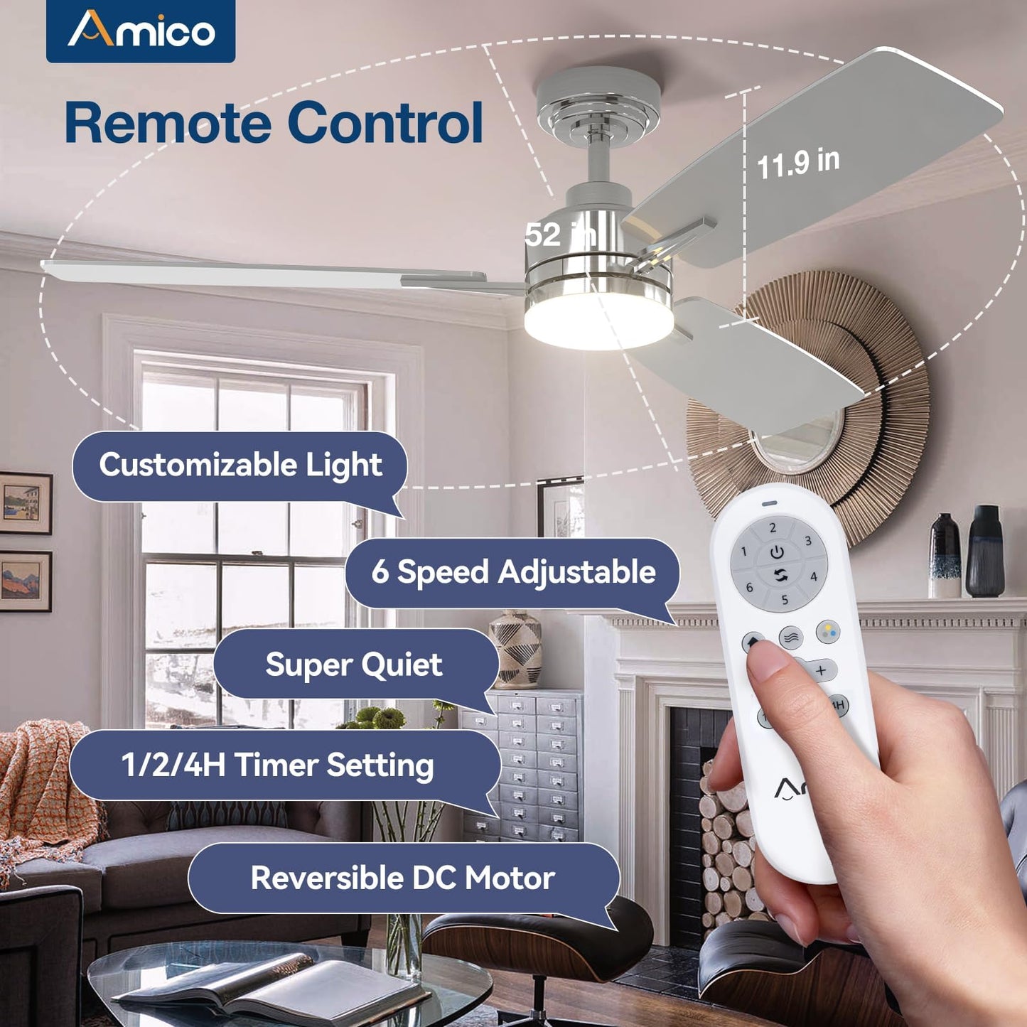 Amico 52" Ceiling Fans with Lights, 3 Nickel Blades, Remote Control, 3CCT