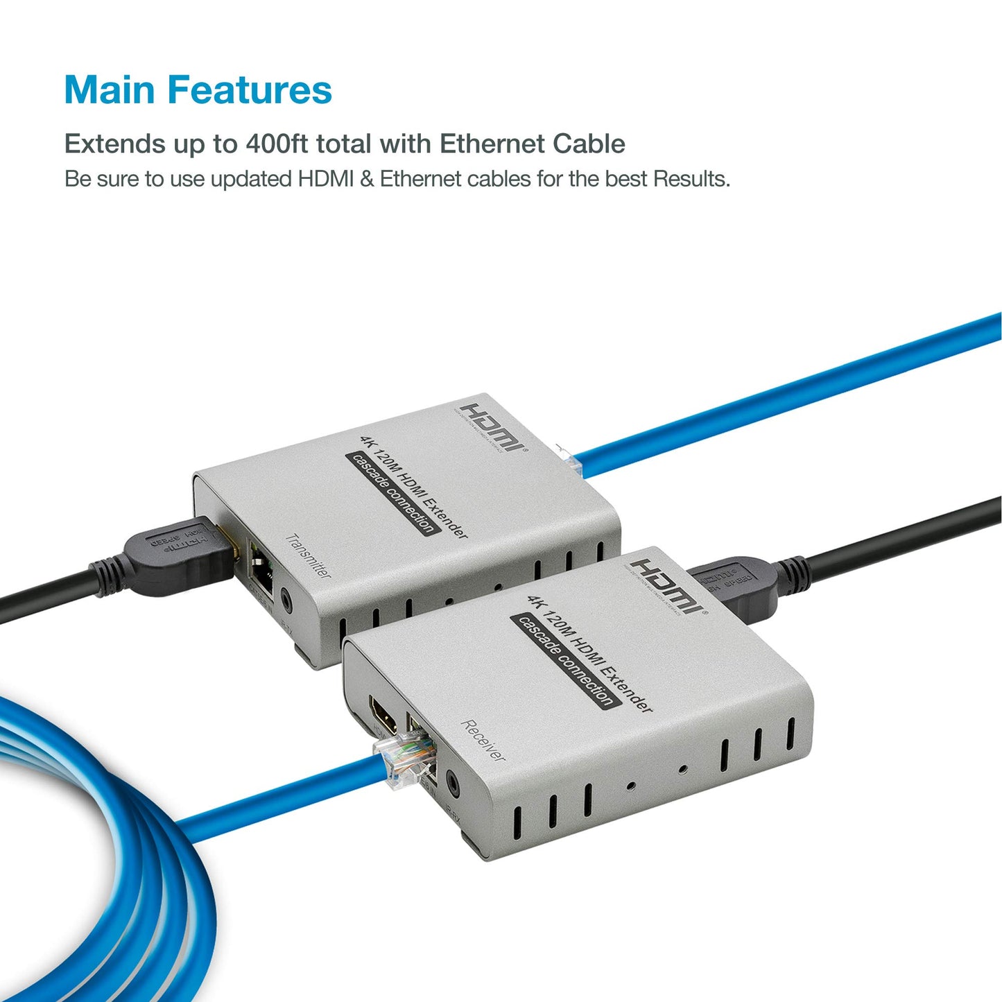 Expert Connect ET4K120M 4K@30Hz HDMI 1.4 Extender Over Cat5e/Cat6/Cat7 - 400 ft (120 m), HDCP 1.4 with Loop-Out, IR Pass-Through & Cascading Support