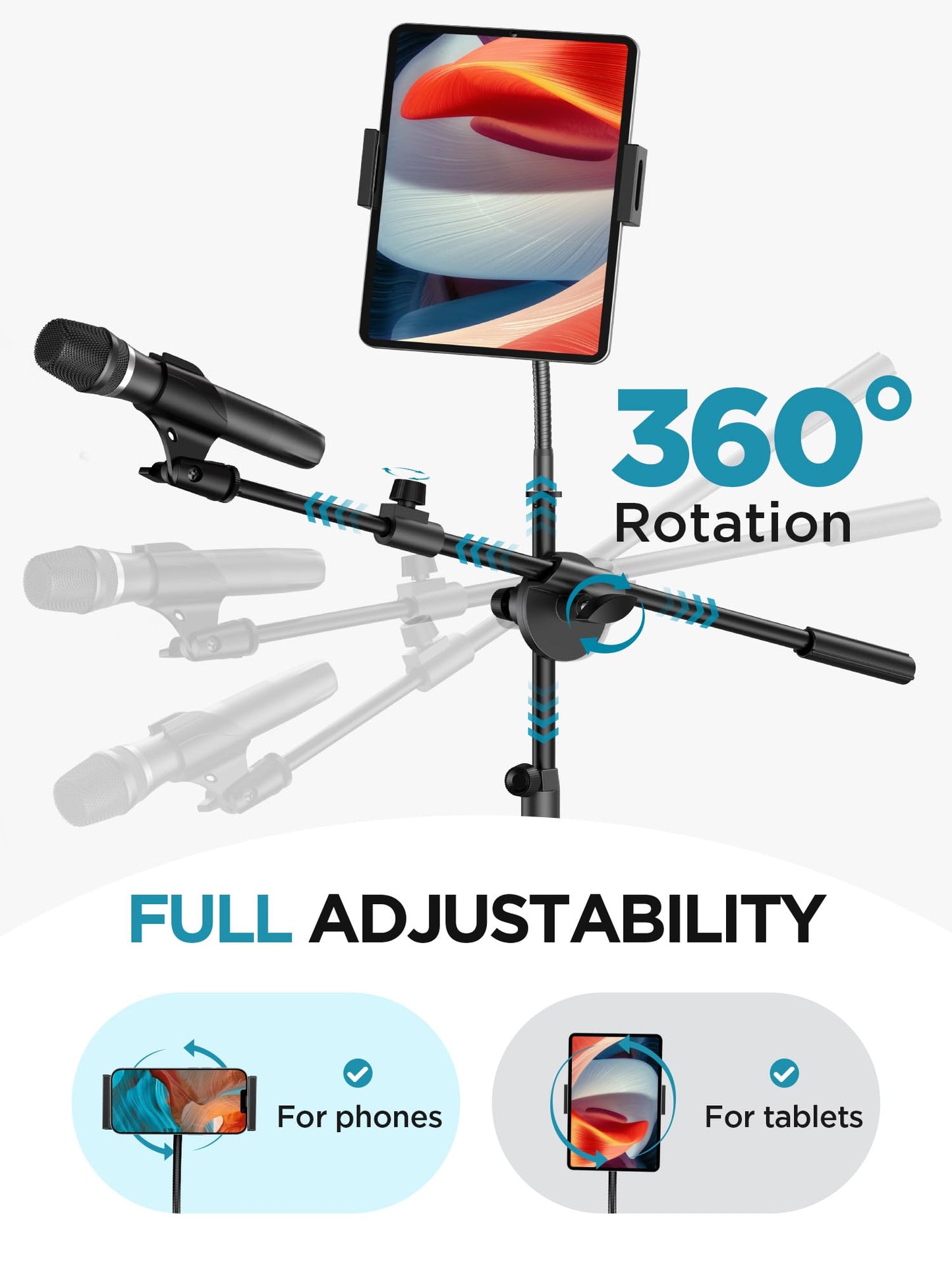 InnoGear Mic Stand, 6 in 1 Microphone Stand Floor with Tablet Phone Holder Height Adjustable from 30" to 72" Mic Stand Tripod Boom Arm with Gooseneck