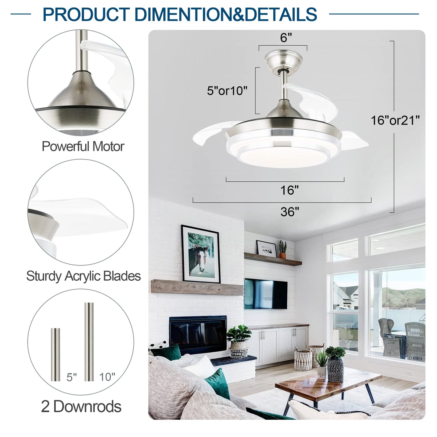 36" Retractable Ceiling Fans with Lights for Bedroom Living Room