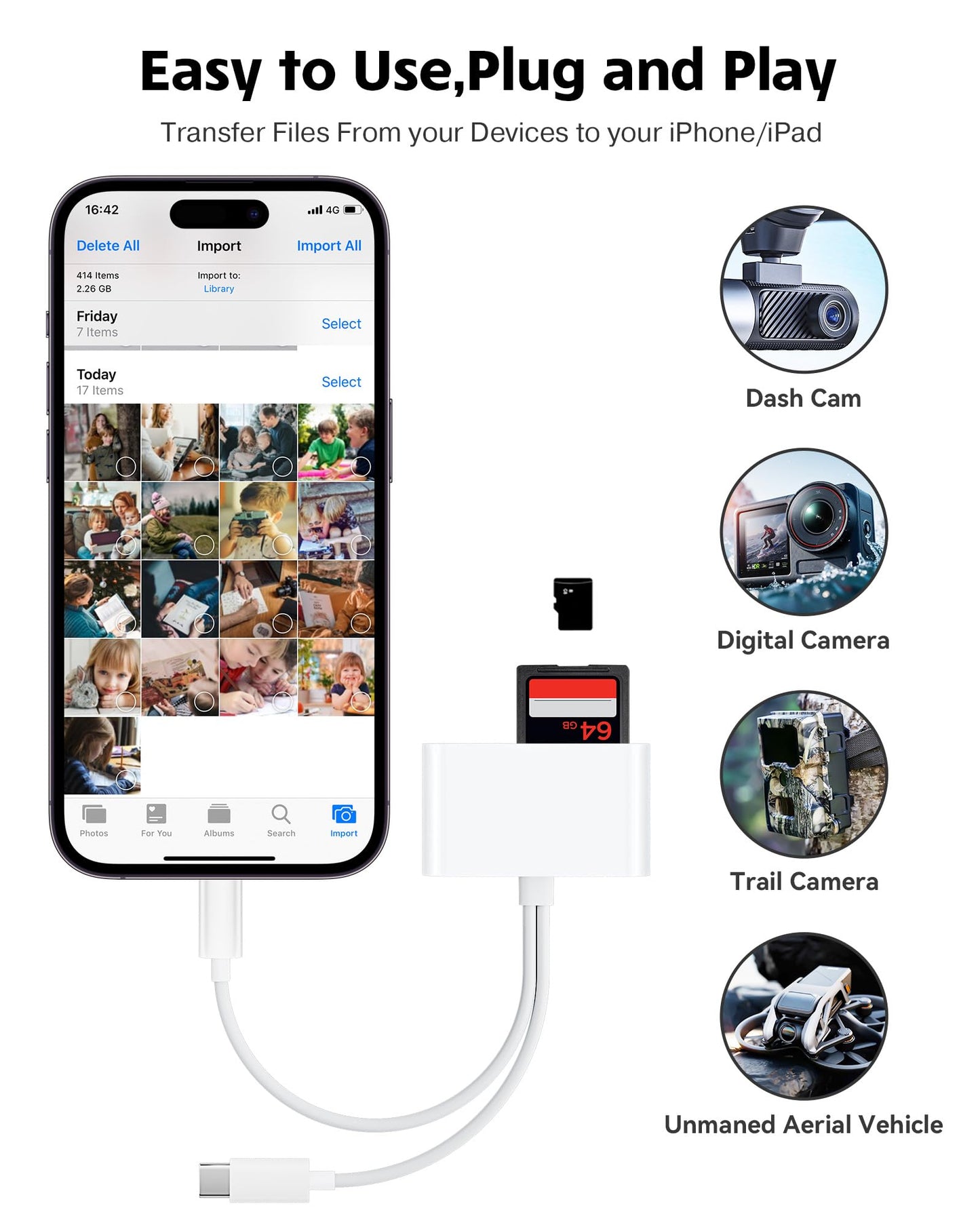 SD Card Reader for iPhone iPad Camera with USB C, Dual Card Slot USB 3.0 Memory Card Reader Supports SD/TF Card Trail Camera Viewer SD Card Adapter