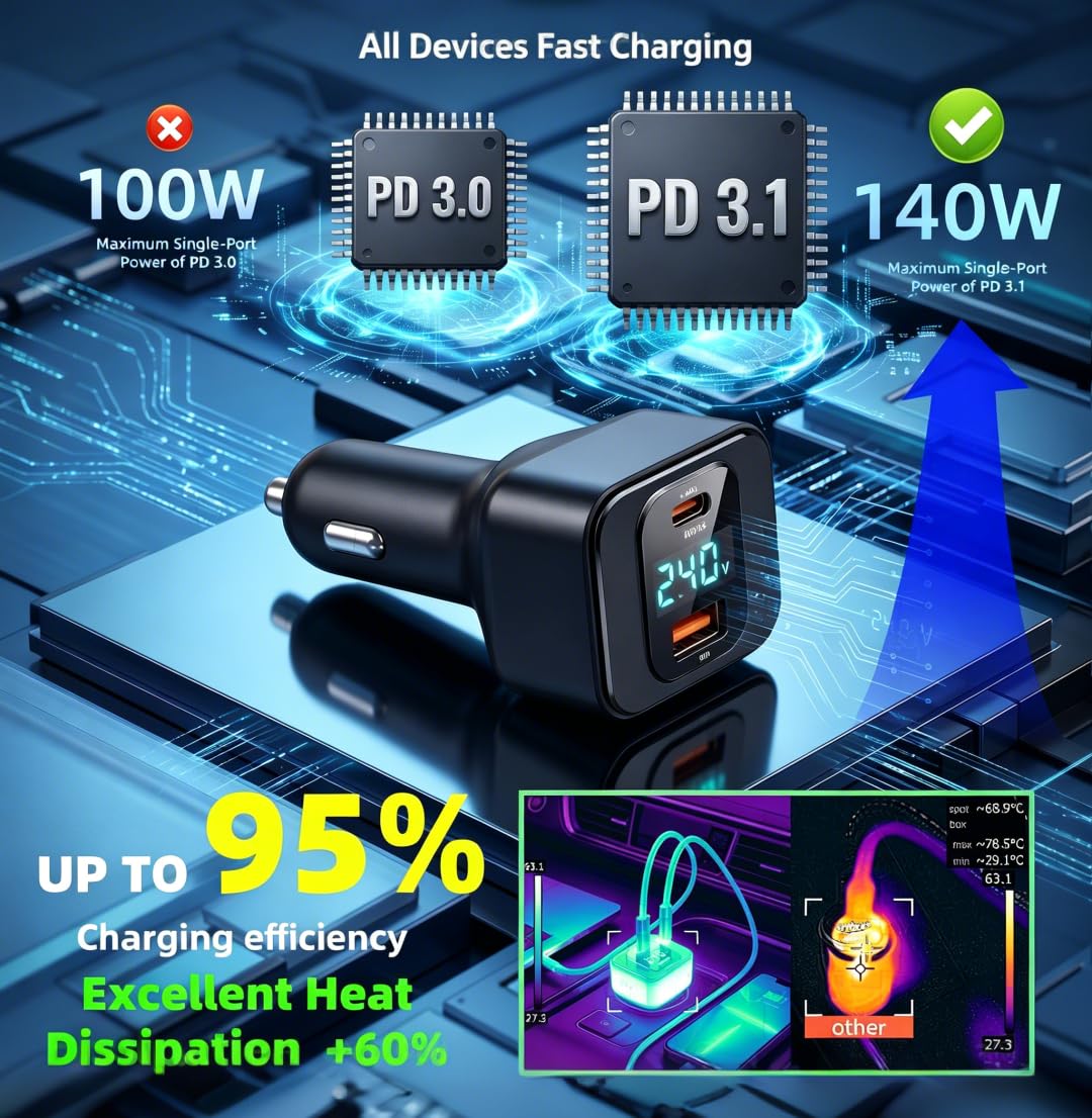 170W USB C Car Charger, PD3.1 140W + 30W Dual-Port Fast Charging Adapter with 240W USB-C Cable, Smart Digital Voltage/Power Display, 12V-24V