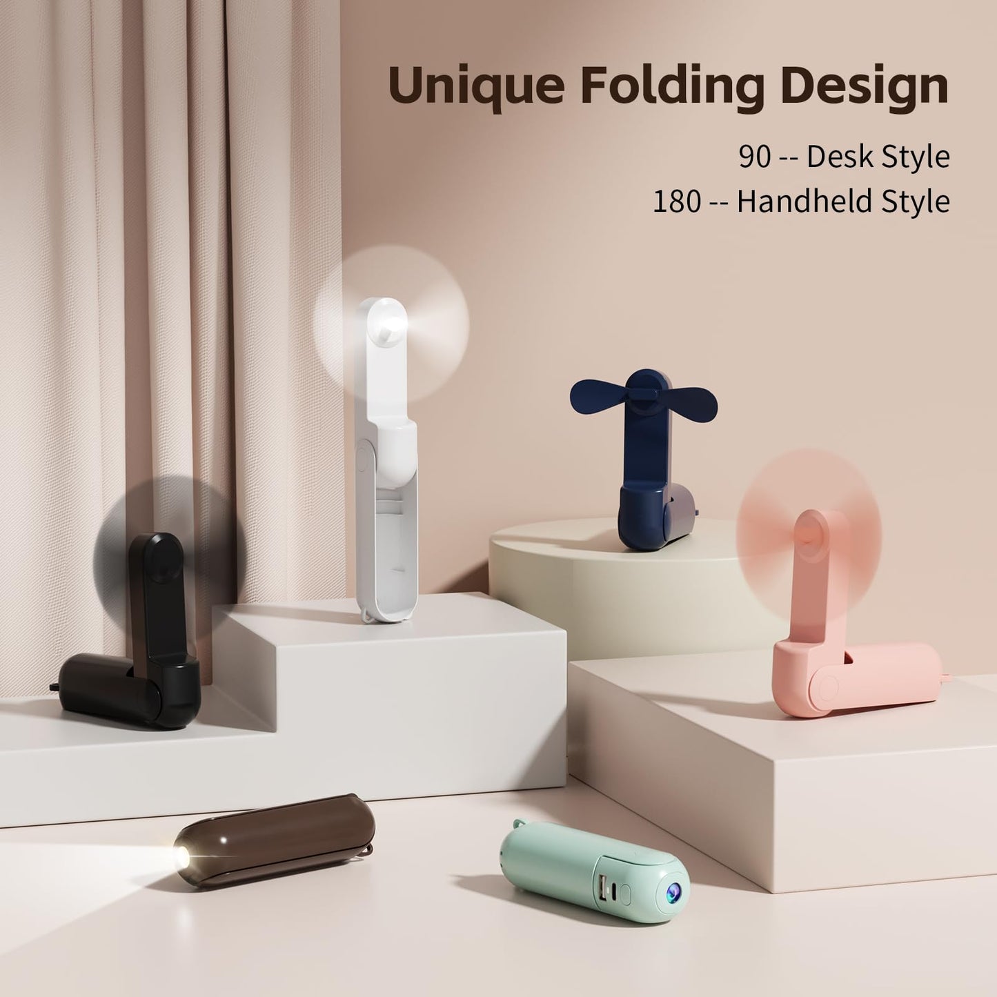 Portable Fan, Mini Handheld Fan with Power Bank, Cute USB Rechargeable Pocket Fan, Foldable Small Cooling Fan with LED Light, Personal Travel