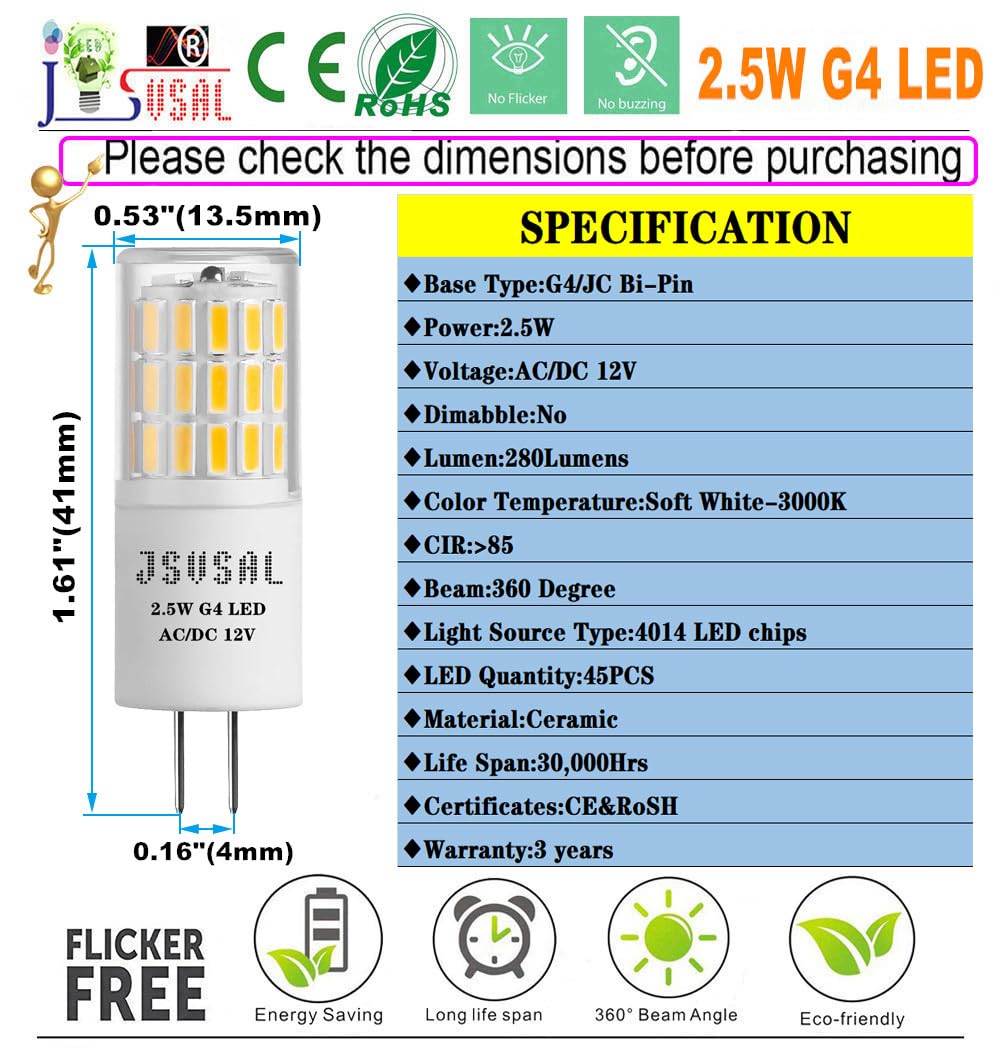 JSVSAL G4 LED Bulb,Soft White 3000K,2.5W 12V, Non-dimmable,4-Pack