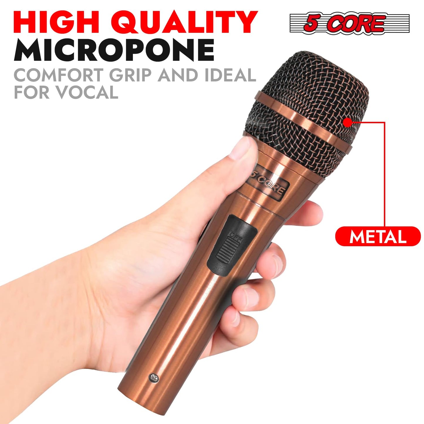 5 CORE Professional Dynamic Vocal Microphone Neodymium Cardioid Unidirectional Handheld Mic for Singing + 16ft Cable + Clip + Bag ND-807 CoppereX