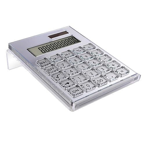 EXPUTRAN Acrylic Calculator with Stand, Battery and Solar Hybrid Powered Basic Calculator 12-Digit LCD Display,Home Office Desktop Accessories(Silver)
