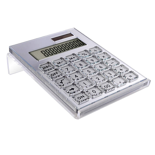 EXPUTRAN Acrylic Calculator with Stand, Battery and Solar Hybrid Powered Basic Calculator 12-Digit LCD Display,Home Office Desktop Accessories(Silver)