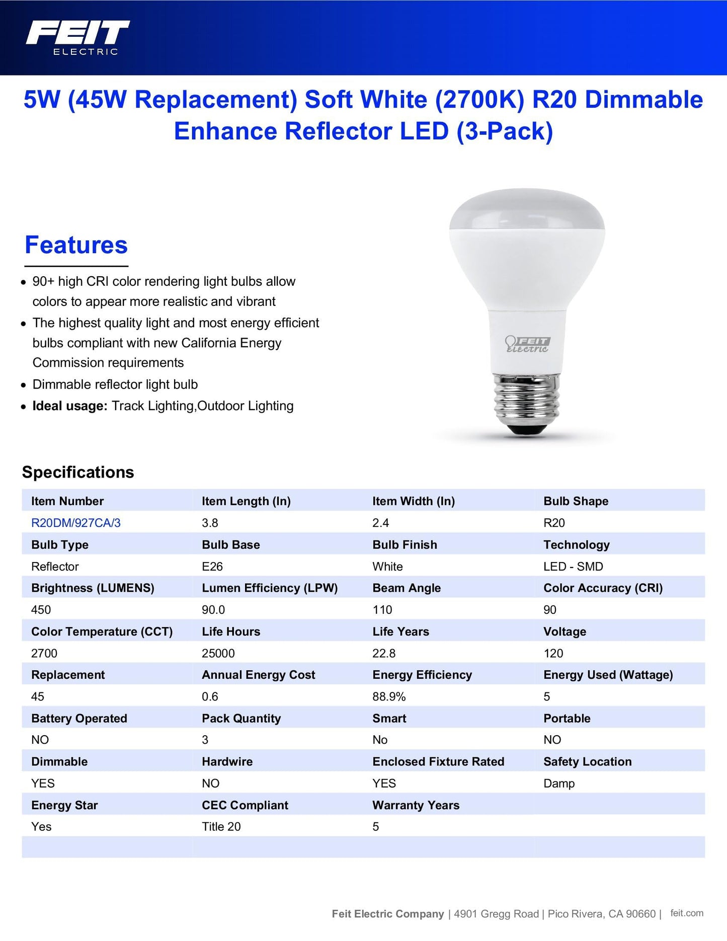 Feit Electric R20 LED Light Bulb, 45W Eq, Soft White, 3 Pack