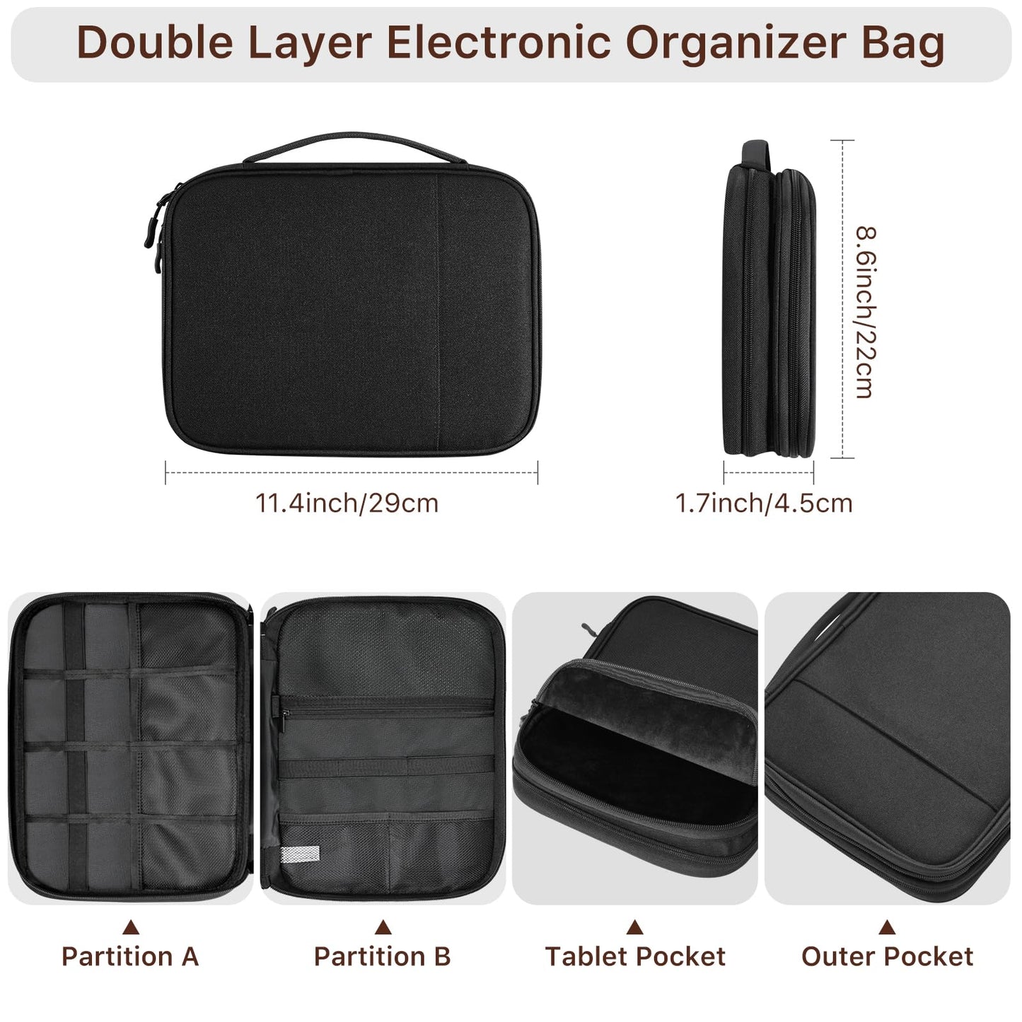 Dadanism Electronics Travel Organizer Case, Double Layers Cord Organizer Travel All-in-One Storage Bag for Cable, Cord, iPad, Chargers, fits 9-11''