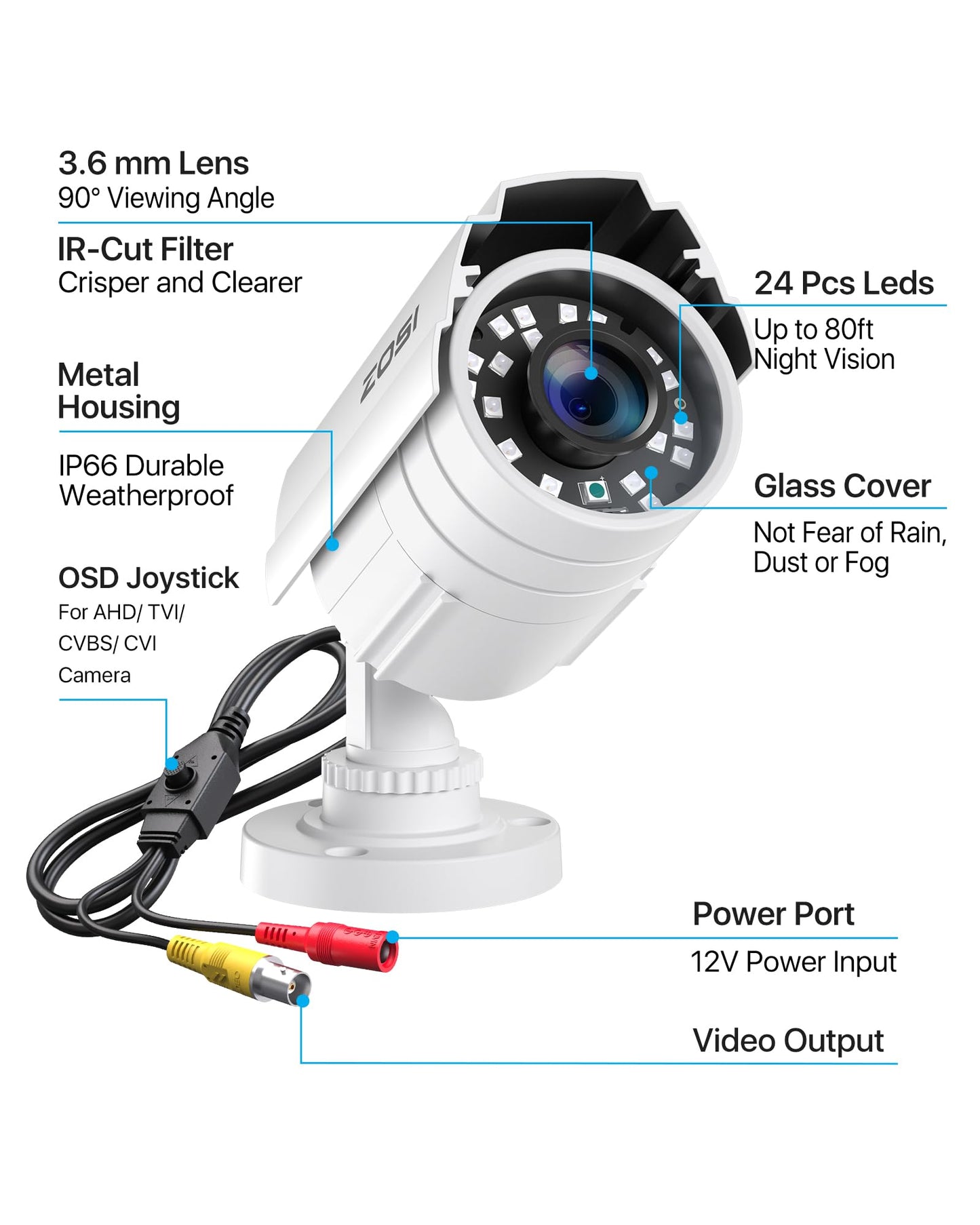 ZOSI 2MP HD 1920TVL Outdoor Indoor Security Camera 1080p (Hybrid 4-in-1 HD-CVI/TVI/AHD/960H Analog CVBS), 24PCS LEDs, 80ft IR Night Vision