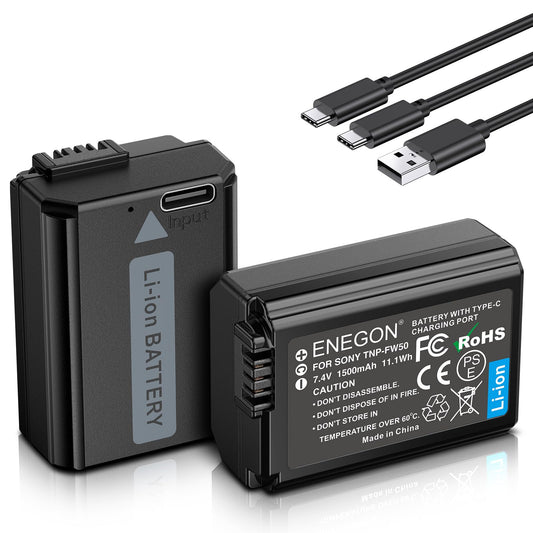 ENEGON NP-FW50 2-in-1 USB-C Direct Charging Replacement Batteries 1500mAh (2-Pack) for Sony NEX 3/5/7, A7, A7II, A7SII/R/RII/ZV-E10, A6000, A6300