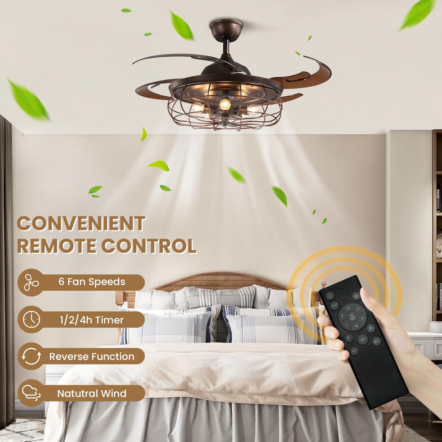 Siljoy Retractable Ceiling Fan with Light Industrial Rust Caged Ceiling Fan with Lights and Remote Farmhouse 6 Speeds Reversible Fandelier for Living
