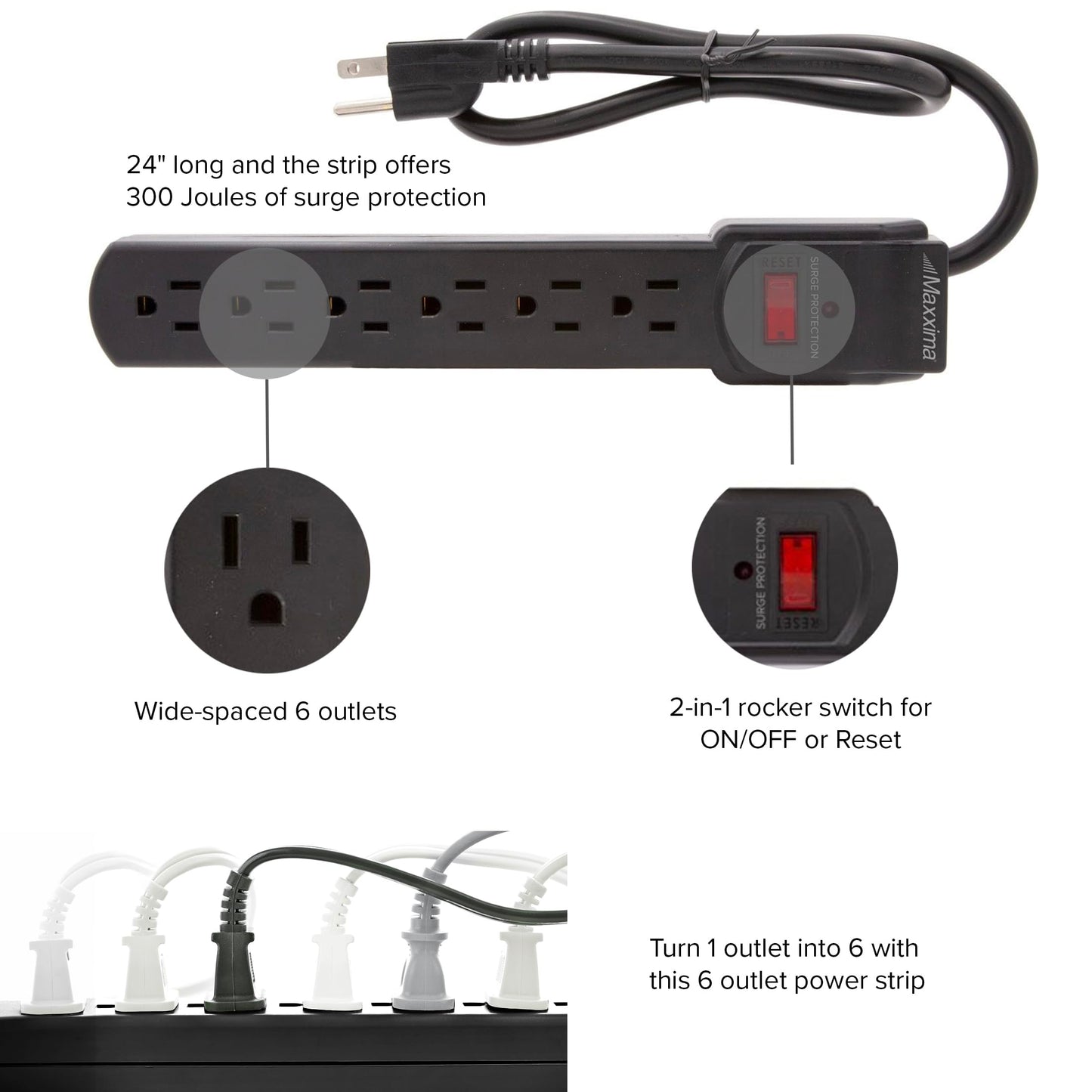 Maxxima 4-Pack 6 Outlet Power Strip Surge Protector - 300 Joules, Features Red On/Off Switch, Powers Multiple Electronics and Devices Simultaneously