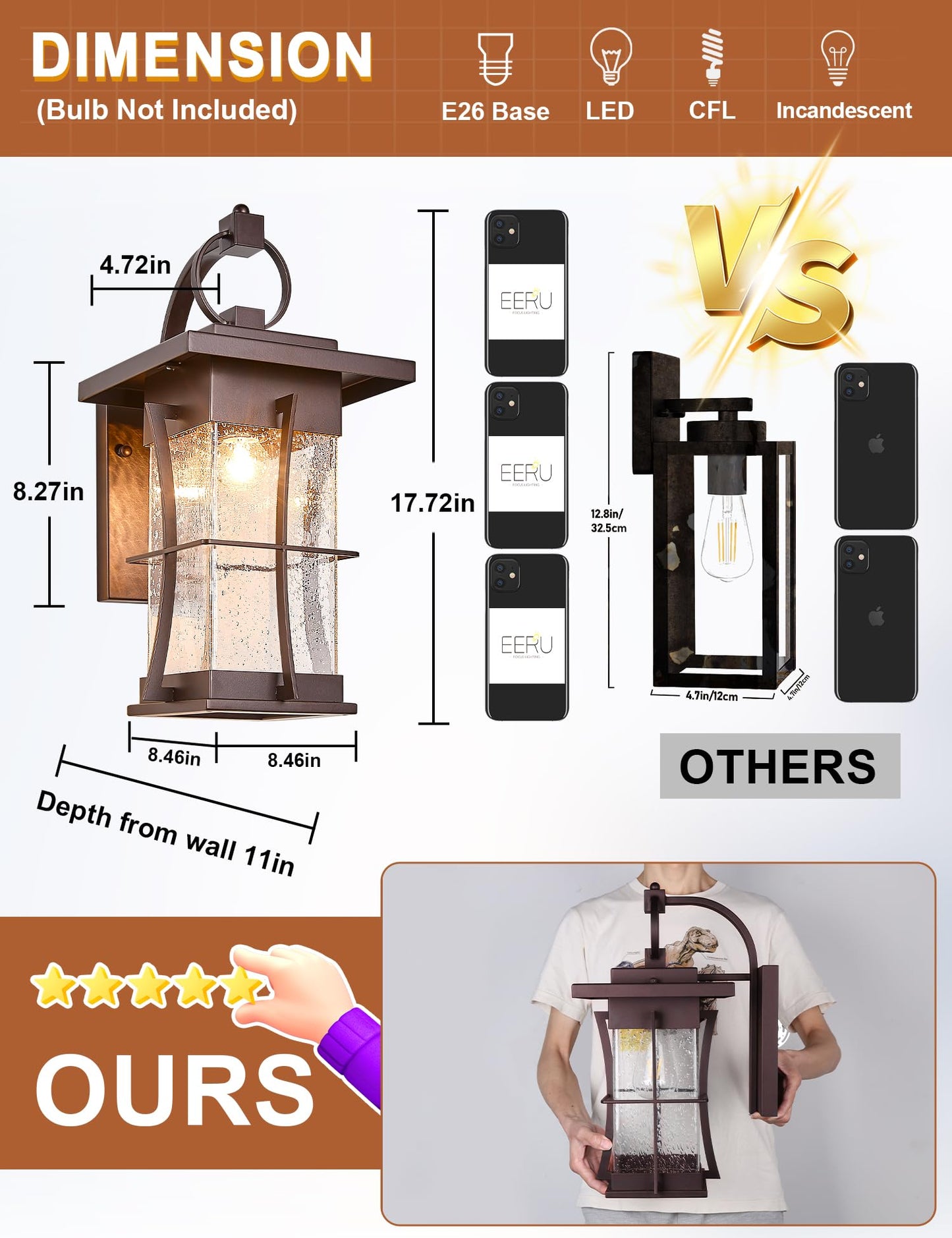 EERU 18" H Extra Large Porch Sconce Oil Rubbed Bronze Large Exterior Wall Lantern Deep Brown Outside House Lamps Waterproof Mission Outdoor Lighting