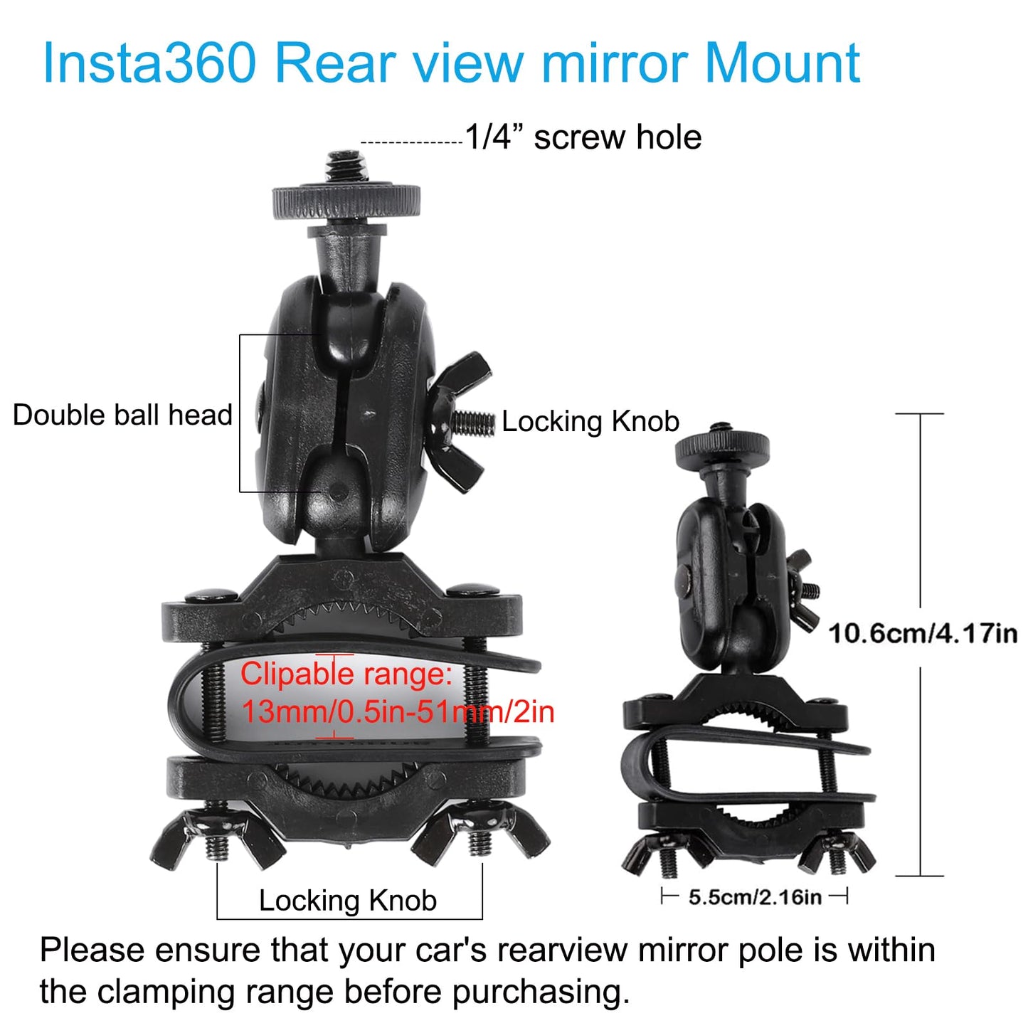 PellKing Rear View Mirror Holder Suction Cup Kit for Insta360 X5/X4/X3/X2/X,360 Rotation Ball Head Rear View Holder Suction Cup Mount Kit Compatible