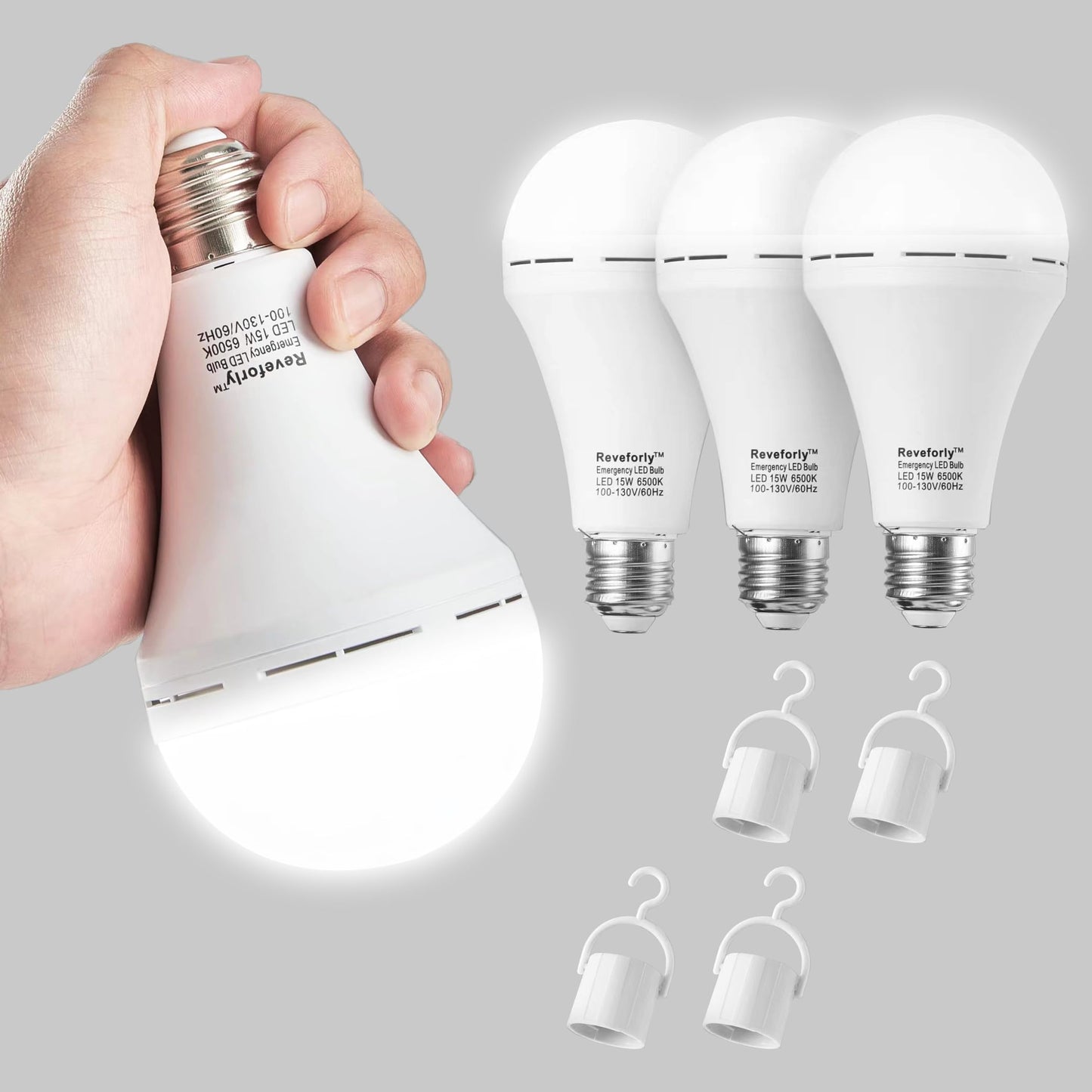 Reveforly Rechargeable Emergency Light Bulb, 1500mAh 15W 80W 6000K Daylight White Battery Light Bulb with 4 Pack Battery Backup LED Bulb for Home