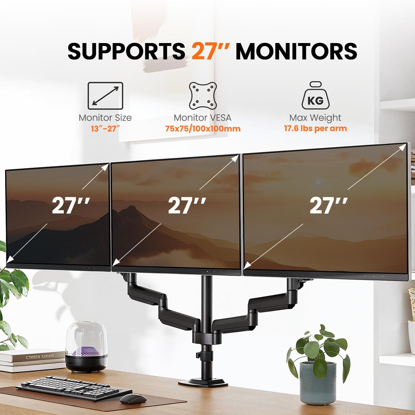 ErGear Triple Monitor Mount for 13-27 inch Screens, Premium Aluminum Triple Monitors Stand up to 17.6 lbs, Sturdy 3 Monitor Desk Mount with Swivel
