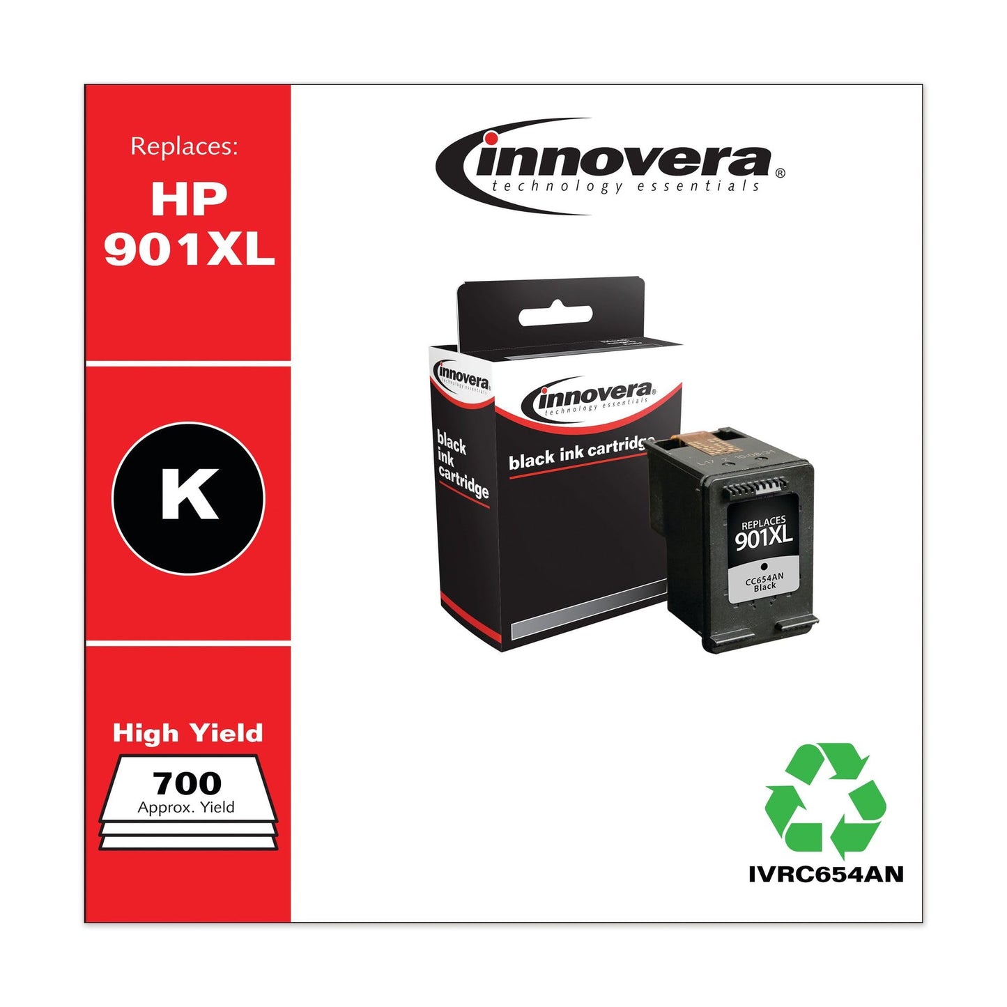 Innovera Remanufactured Black High-Yield Ink, Replacement for 901XL (CC654AN), 700 Page-Yield