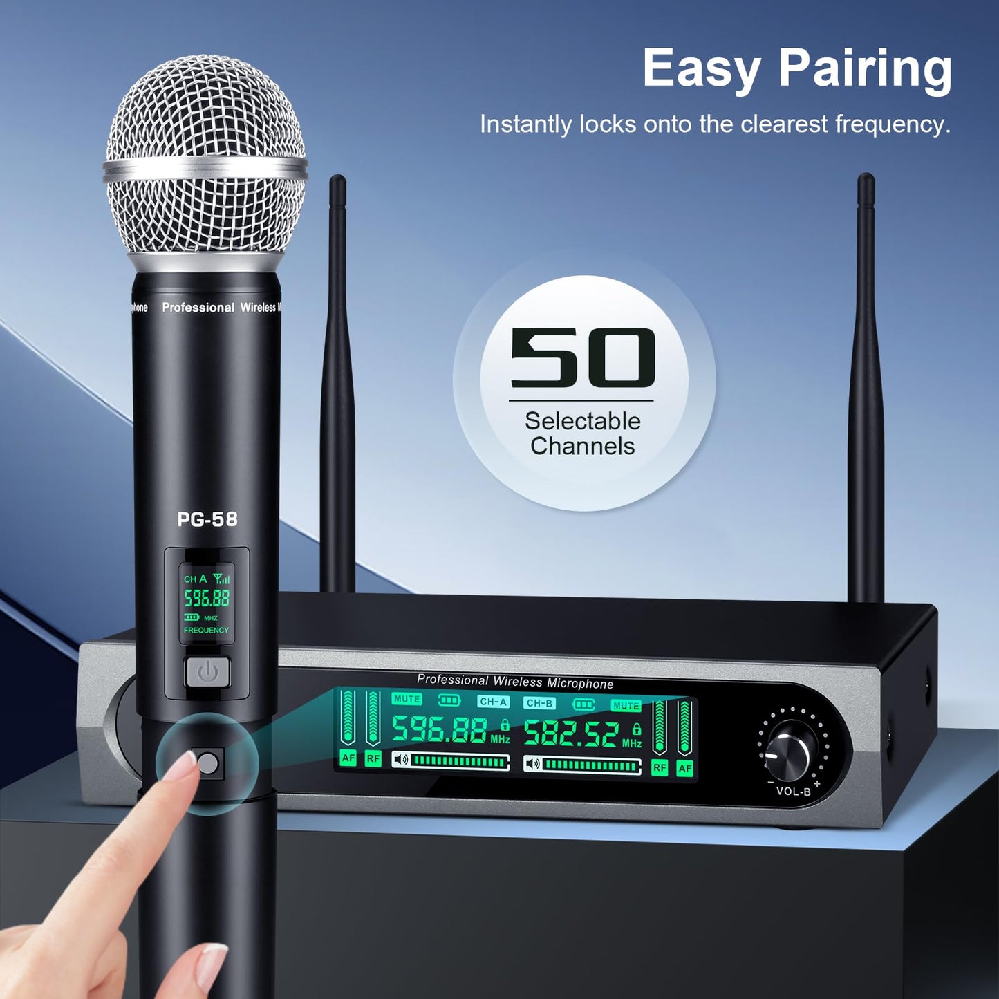 GDPONRM Wireless UHF Microphone System,W/2 Handhelds,Auto Scan,2x50 UHF Frequencies,200ft Range,Dynamic Microphone for Singing,Karaoke,Church