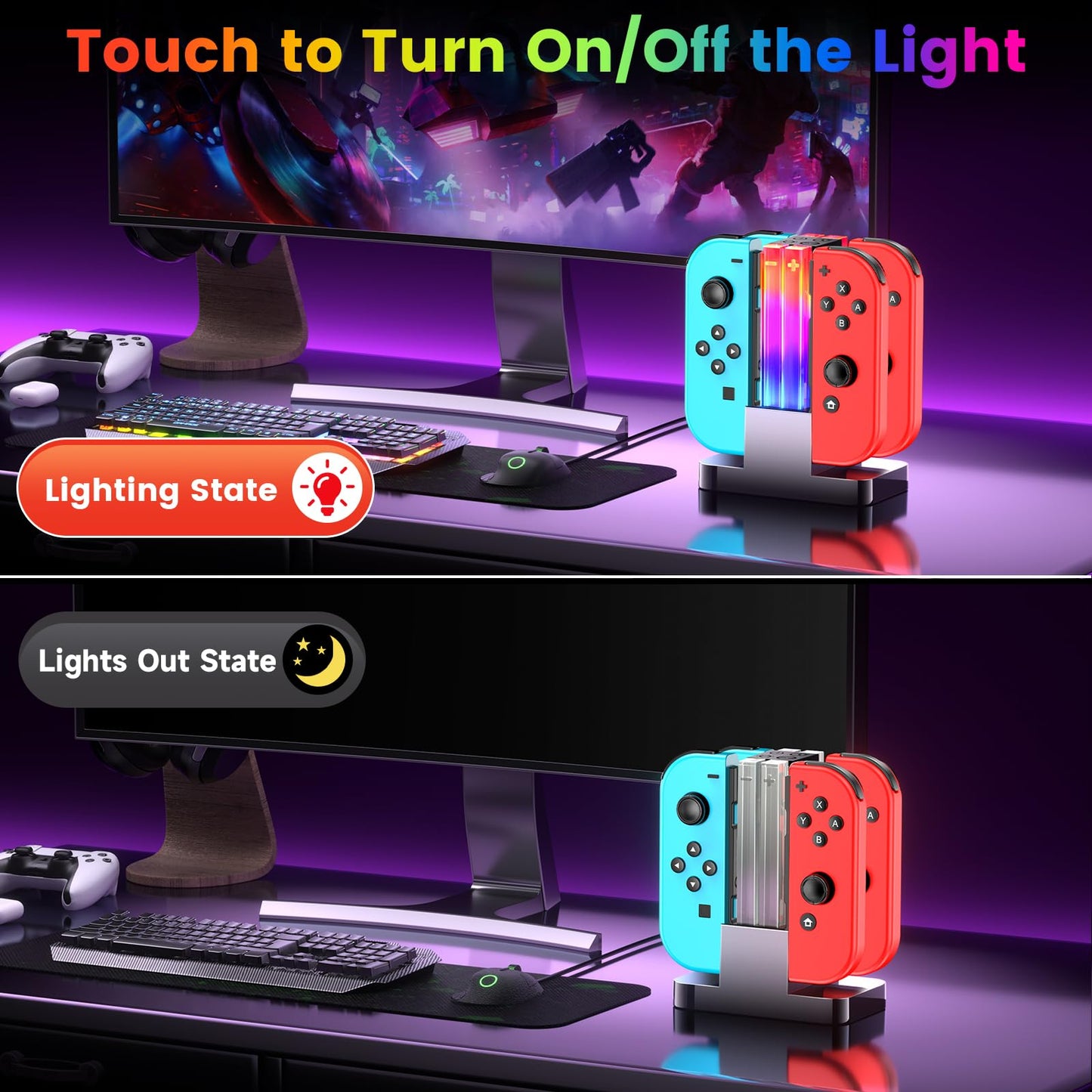 Wenocally Switch Controller Charger Dock Compatible with Nintendo Switch for Joycons & OLED Model with 6 RGB Light Mode, Charging Station for Wii