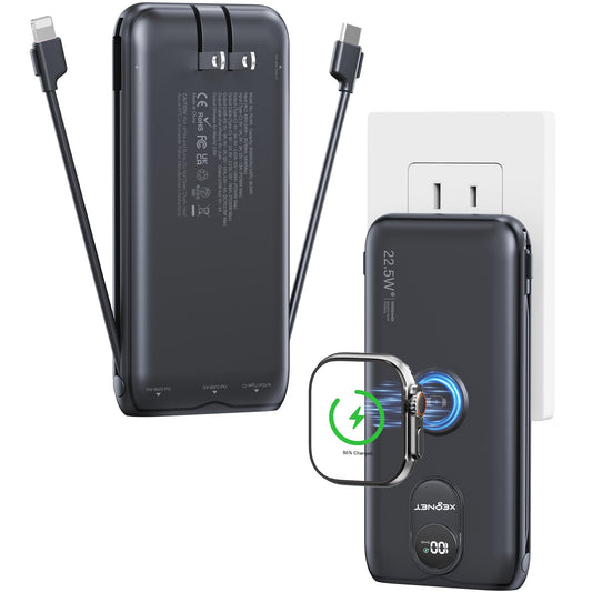 Portable Charger, 10000mAh 22.5W Power Bank Fast Charging with Wall Plug, Built-in Cables, LED Display, Compact Lightweight USB C Travel Battery Pack