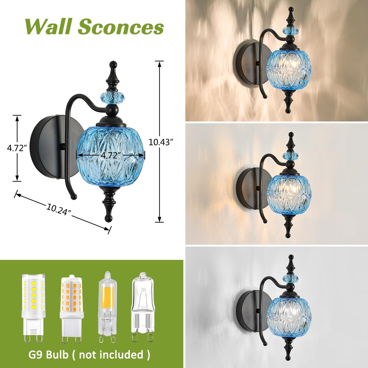 TLOLGT Vintage Wall Sconces with Black Finish Bathroom Blue Wall Light Fixtures with Crystal Glass Shade for Bedroom Living Room Kitchen Hallway
