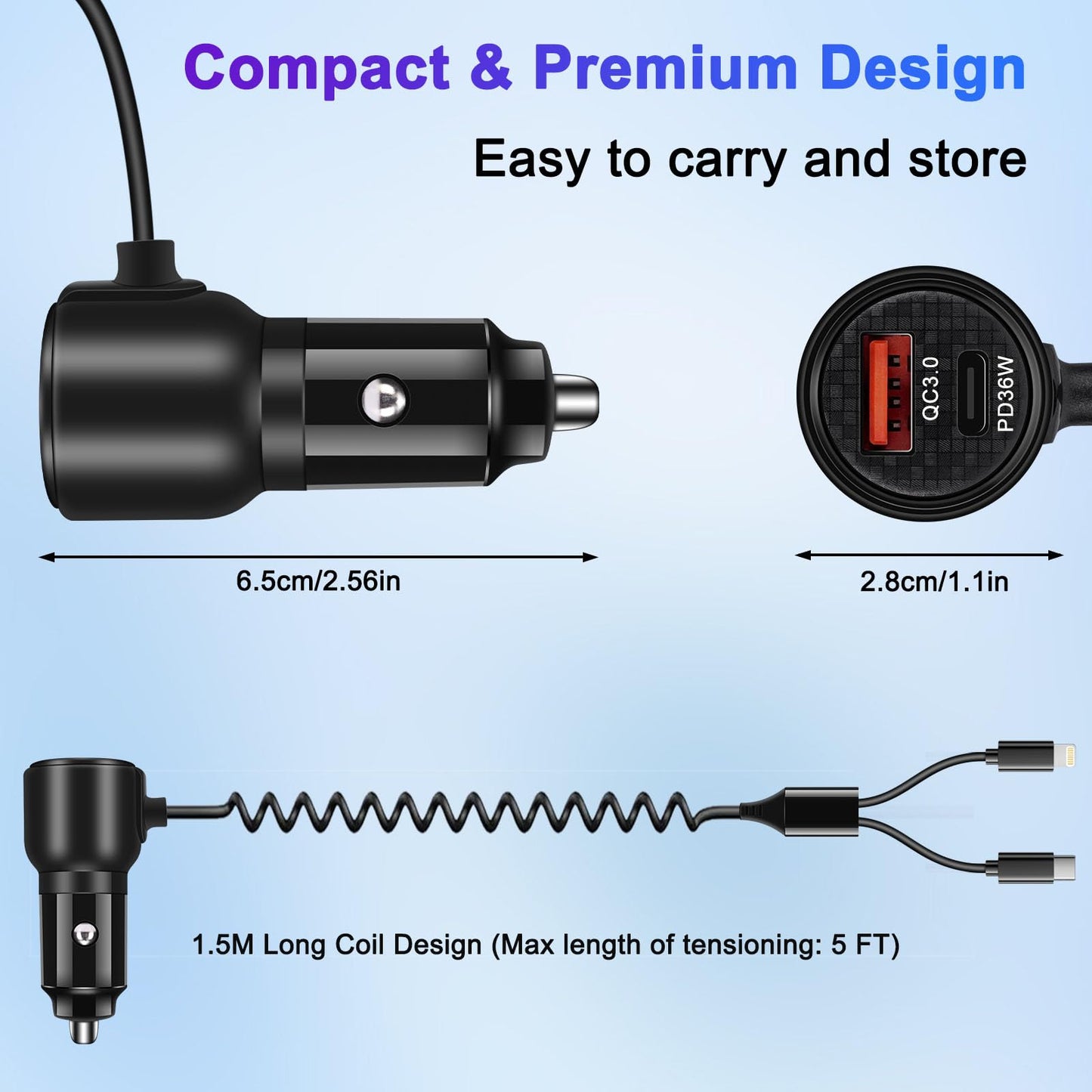 BUNUD Car Charger USB C Fast Charging: 66W USBC & USB-A Dual Ports Cigarette Lighter - USB Car Adapter with Build-in 5FT Coiled Lightning Cable