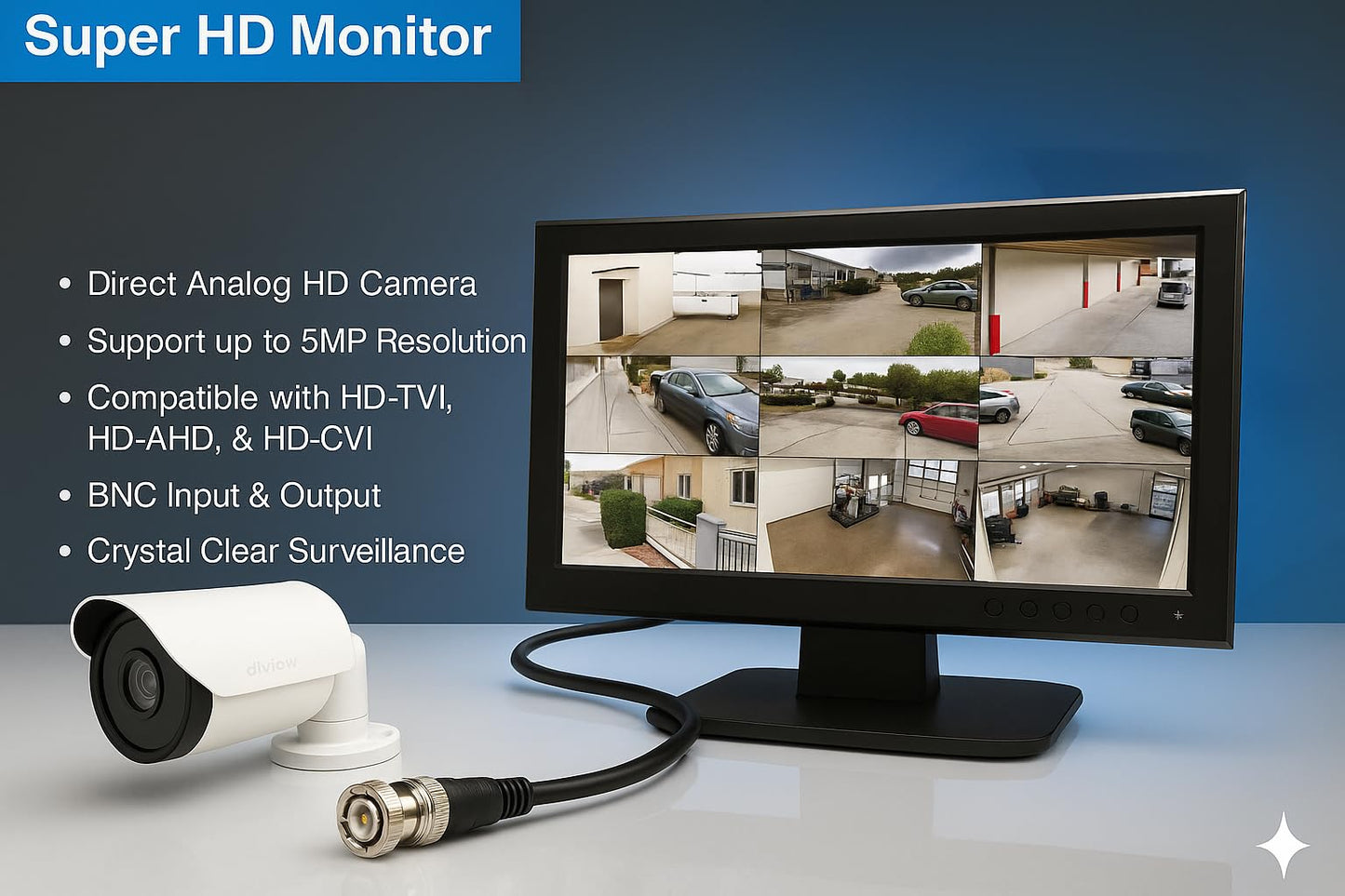 101AV Professional Security Monitor 21.5" 5MP Super HD-TVI, AHD, CVI & CVBS 16:9, 1 HDMI & 2 BNC Inputs and Outputs, Working with Super HD 5MP