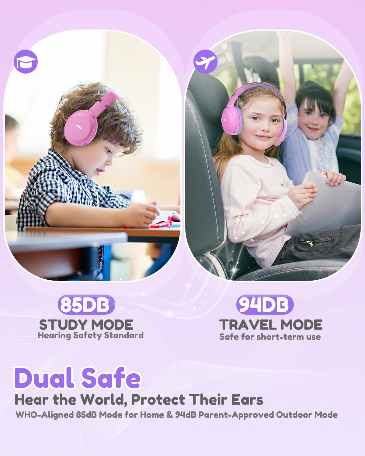 acer Kids Bluetooth Headphones, 85/94dB Volume Limiter, Foldable Wireless Over-Ear Headphones for iPad, Travel, 60H Playtime, Bluetooth 6.0, Built-in…