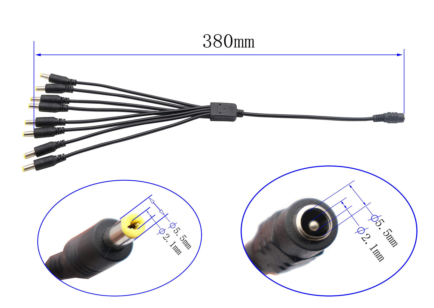 zdyCGTime 2Pack DC Power Female to Male Splitter Adapter Cable 1 Female to 8 Male 5.5mm x 2.1mm DC Power Supply Splitter Cord for Security CCTV