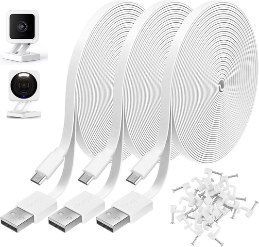 3 Pack 10FT Power Extension Cable Compatible with Wyze Cam, Eufy, Kasa, Nest, Blink - USB to Micro USB Durable Charging and Data Sync Cord
